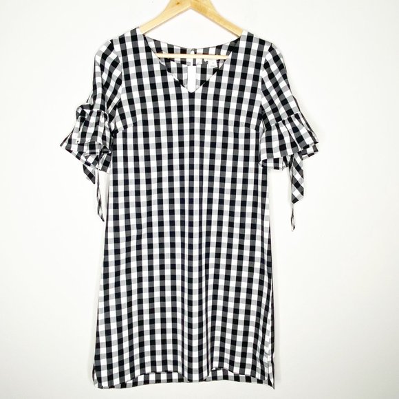 J. Crew Gingham Ruffle Sleeve V Neck Midi Shift Dress Black White Size XS - Picture 2 of 12